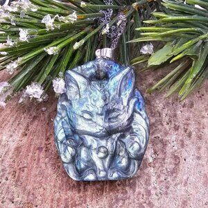 Nature Labradorite Carved Flashy Nine Tail Fox Pendant Necklace